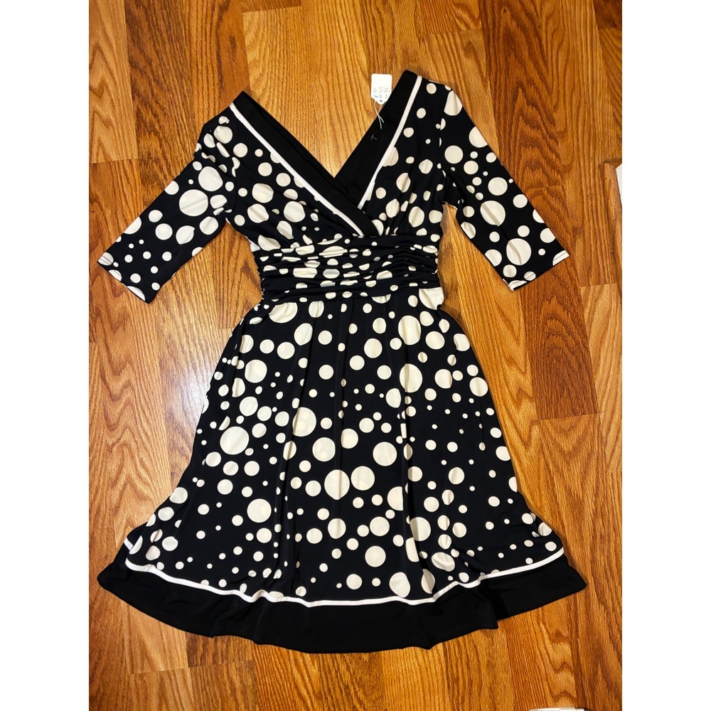Sandra Darren Polka Dot Surplice Ruched Empire Waist Dress 8P Black White